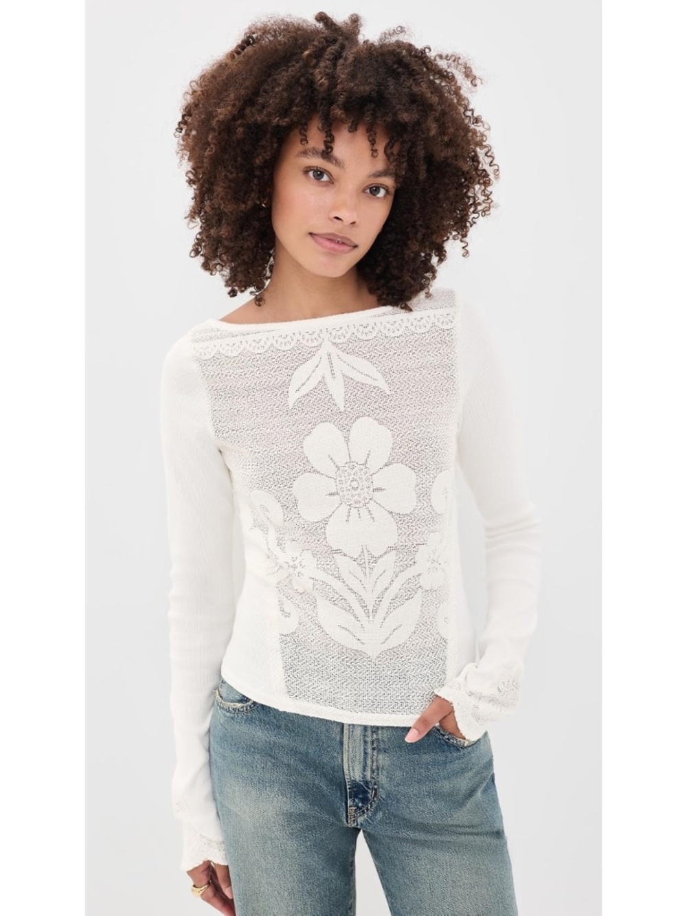 Free People White Floral Lace Long Sleeve Top